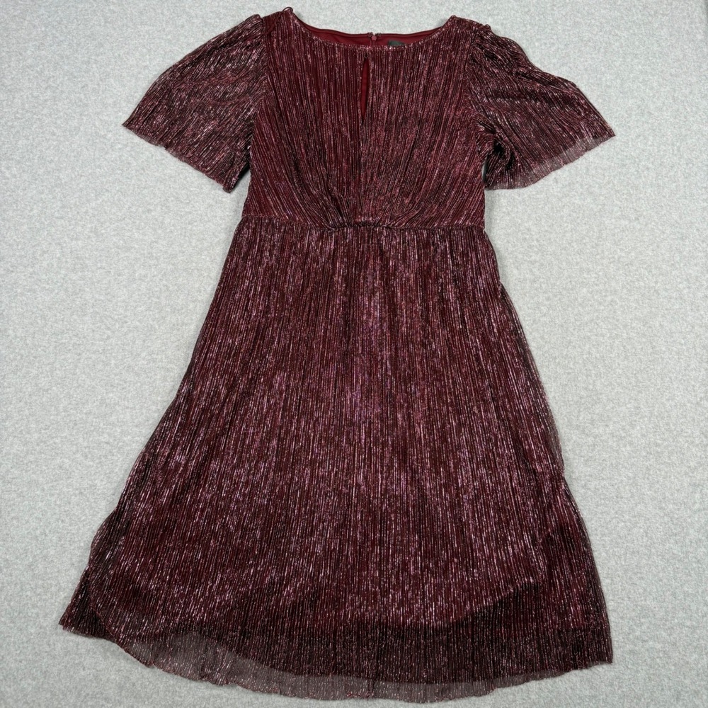 Adrianna Papell Burgundy Pleated Metallic Disco Cocktail Homecoming Dress 12